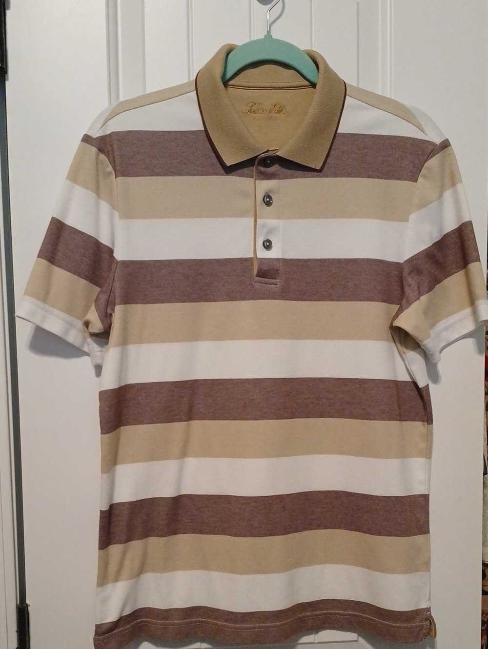Tasso Elba Striped Polo in Cream and Brown Tan Size S
